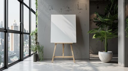 3d render mockup of A white board is standing in a room with a view of a city
