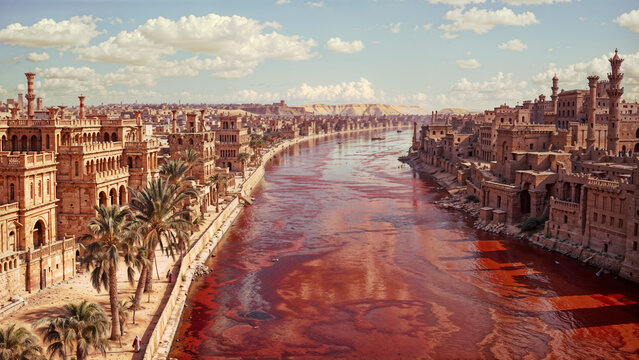 Plagues of Egypt - Ancient Egyptian city with water in Nile river turned into blood. Ornate buildings line riverbanks. Palm trees, cloudy sky. Biblical first plague concept. Dramatic red water.