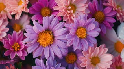Close up of lilac and pink daisies and chrysanthemums with yellow centers