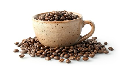 Fototapeta premium Delicious coffee beans and cup, white background