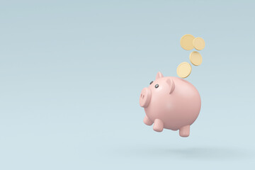 A 3D render featuring a floating piggy bank with coins. The piggy bank, a classic symbol of saving money