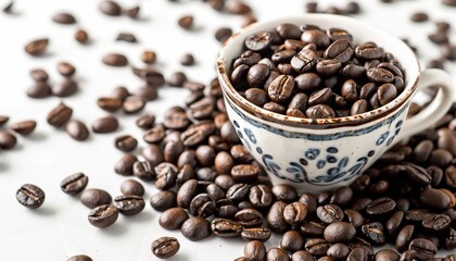 Fototapeta premium Delicious coffee beans and cup, white background