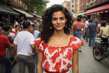 Obraz premium A woman in a red and white floral dress stands in a busy street