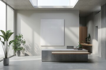 3d render mockup of A large white wall with a large white picture of a tree