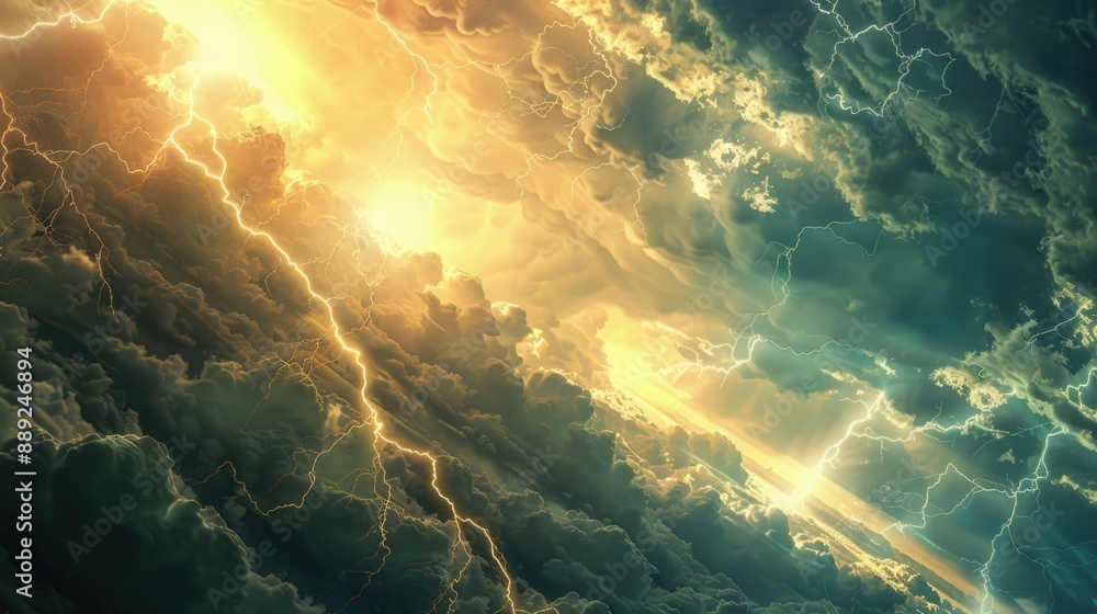 Poster a cloudy sky with lightning bolts illuminating the dark blue clouds, perfect for use in weather or s