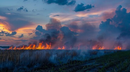 Fototapeta premium Smoke and flames from a controlled burn in an agricultural field at dusk.