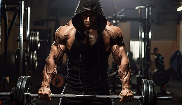 Muscular Man in Gym with Barbell