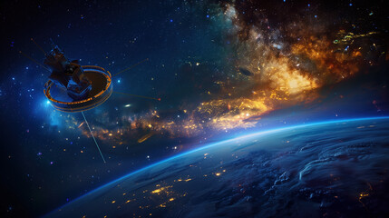 Cosmic Cartographers AI Satellite Orbiting Earth Mapping the Milky Way with Distant Galaxies Visible Through Ring