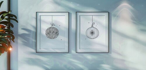 Two frames mockup, each with a unique Halloween ornament line art, set against a light blue wall with strategic spotlighting. 