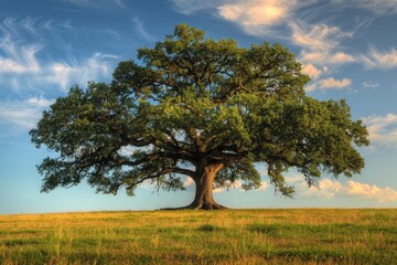 Obraz premium Oak Tree: Beautiful Countryside Landscape with Mighty Tree and Green Grass Field