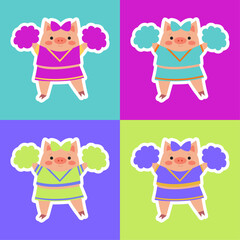 A set of stickers of four pigs cheerleader with pompoms in different colorful clothes. Colorful cartoon character. Little pigs wearing cheerleader costume. Vector illustration in flat style