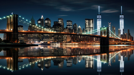 Fototapeta premium Illuminated City Skyline With Bridge Reflection