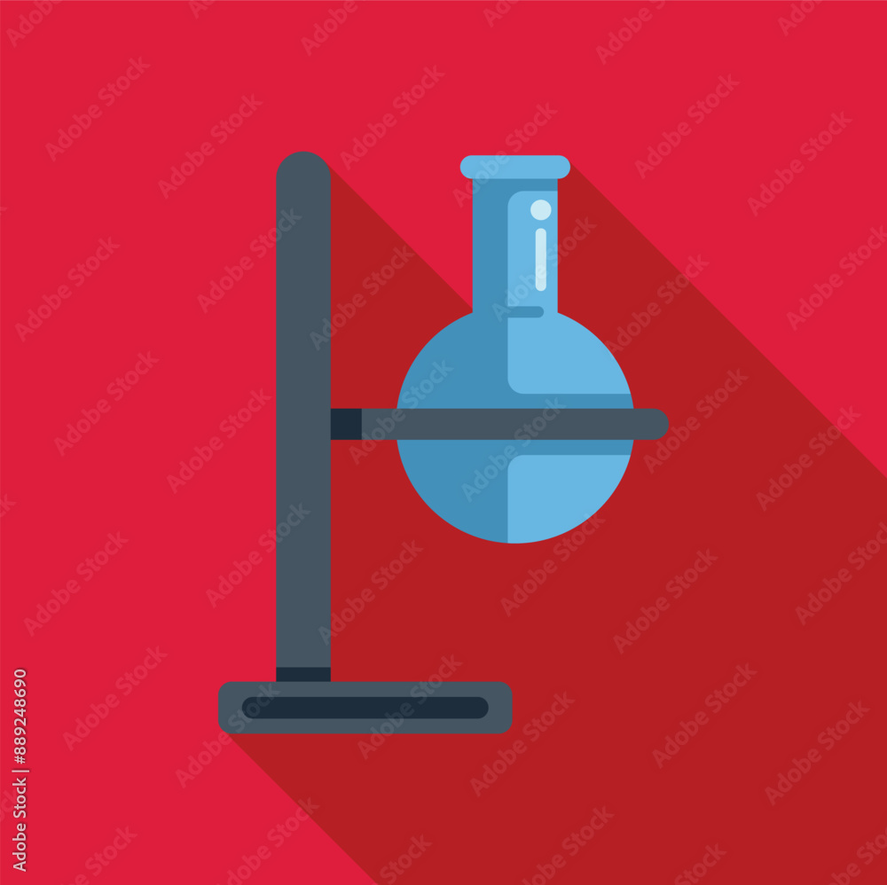 Poster laboratory glassware with blue solution is standing on a support on red background