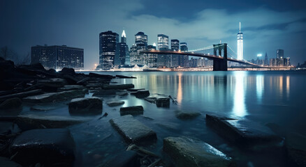 Naklejka premium Tranquil Night Cityscape with Lit Bridge