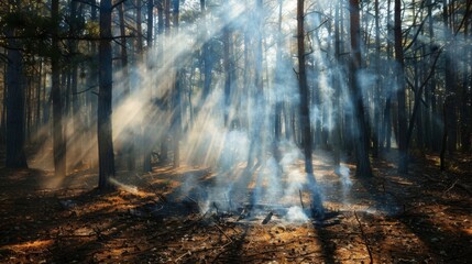 Obraz premium Smoke trails from a campfire in a forest, with sunlight filtering through the trees.