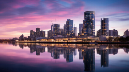 Modern Cityscape at Sunset with Reflections