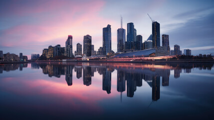 Fototapeta premium Urban Skyline Reflected in Calm Waters at Dusk