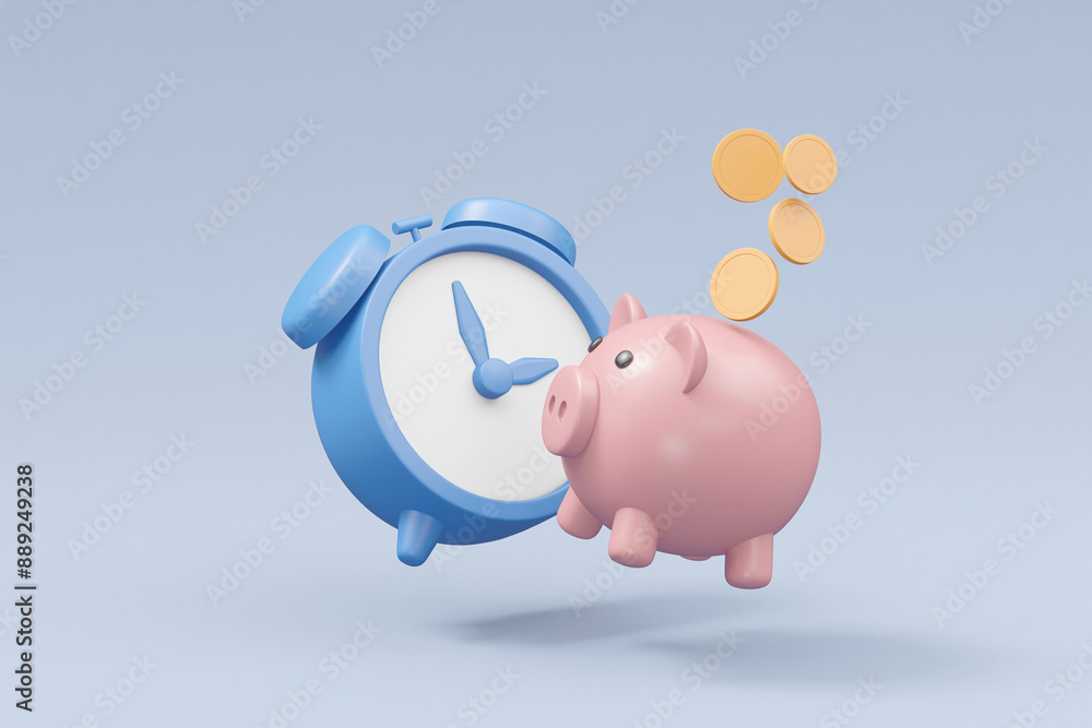 Wall mural 3D render featuring a floating alarm clock, a piggy bank, and coins. The alarm clock symbolizes the importance of timely savings and financial planning.