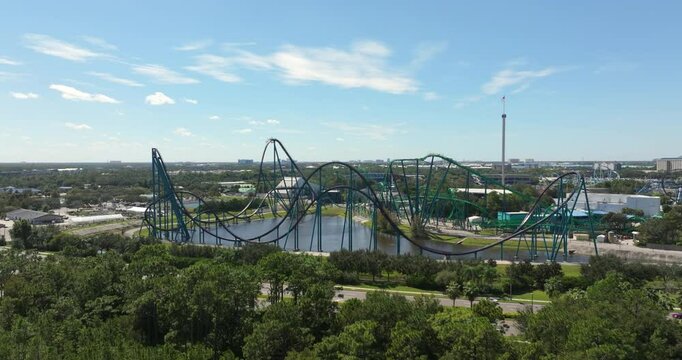 Aerial view of rollercoaster in adventure amusement park in Orlando, Florida. USA tourist attraction.