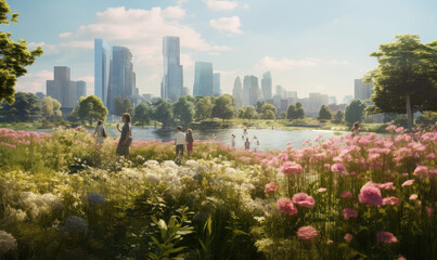 Obraz premium Blooming Urban Park with Skyline