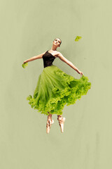 Vertical image collage young beautiful lady dancer ballerina professional performance festive event disco party healthy food nutrition