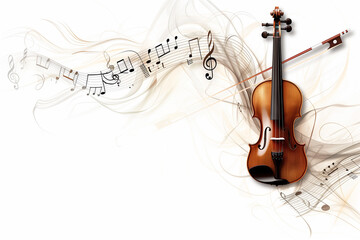 A majestic violin with elegant curves and fine strings, floating gracefully on a 100% white...