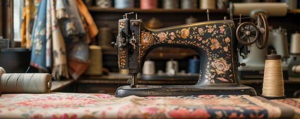 Antique sewing machine with fabric and patterns, highlighting traditional craftsmanship