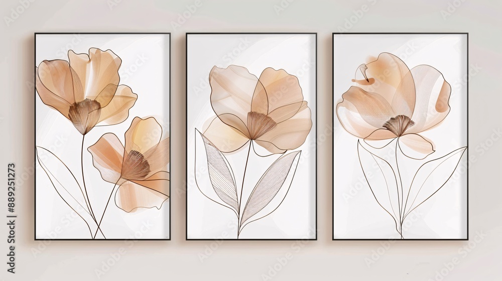 Poster a set of three interconnected line art flower posters with a continuous design, displayed on a white