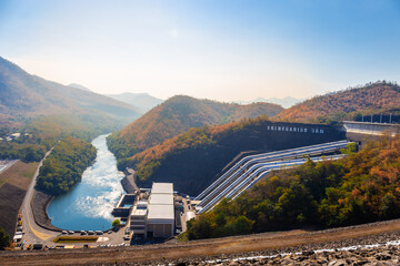 Srinakarin Dam is a water storage dam for electricity generation and agriculture in the middle of a valley in Kanchanaburi, Thailand.