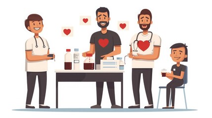 A happy volunteers donating blood at a donation camp with medical personnel assisting and blood bags.