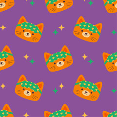 Seamless pattern with a red cat face wearing a sleep mask on a background of stars. Stylized cartoon drawing of a cute cat face. Eye mask, sleep accessory. Vector illustration in flat style.