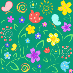 Fototapeta premium Seamless floral vector pattern: multi-colored stylized flowers with various ornaments, butterflies, and decorative elements on a green background.