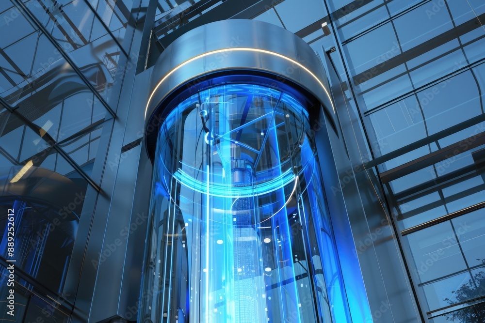 Poster a glass elevator with a clock visible inside