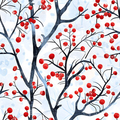 Seamless pattern depicting winter branches covered with red berries
