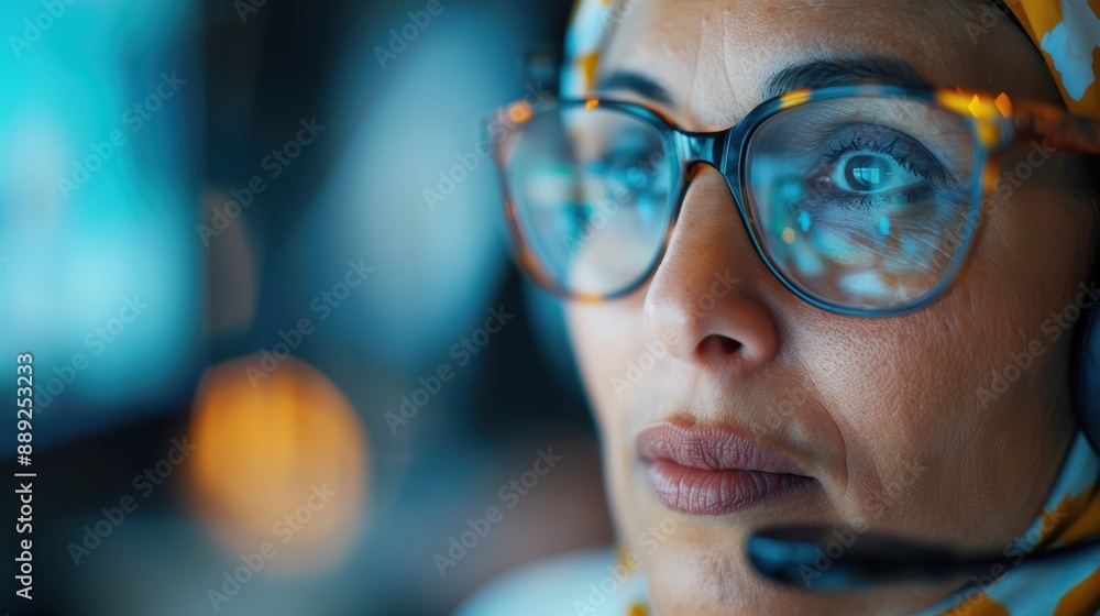 Aufkleber a person is intently viewing a computer screen displaying a blue and glowing background, indicating 