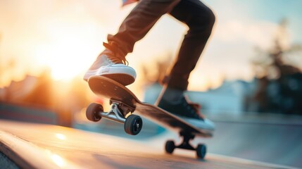 A skateboarder is captured in mid-air while perfecting a trick on a ramp at sunset, highlighting the dedication, excitement, and youthful high-energy vibe of skateboarding culture.