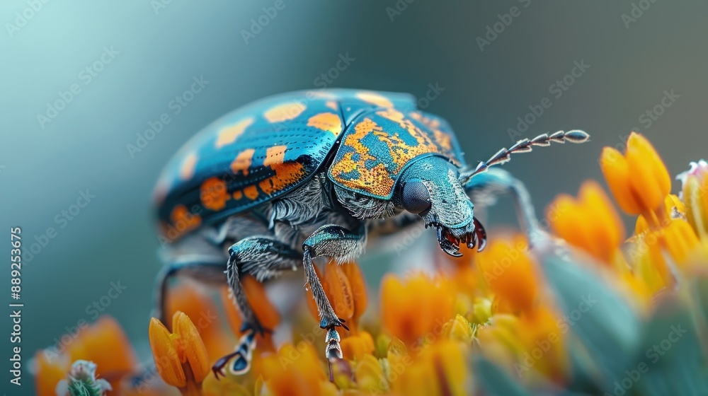 Aufkleber a macro image capturing a vibrant beetle with intricate patterns on its shell, perched on bright ora