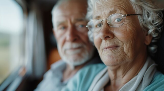 An elderly couple sitting together in a train, gazing out the window at the scenic view passing by, capturing a serene journey filled with reflections of life and companionship.