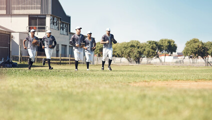 Baseball field, group and fitness for game, teamwork and players with workout, training and sports. Healthy men, uniform and running with practice for competition, tournament and wellness with energy