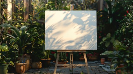 3d render mockup of A white canvas is propped up on a wooden easel in a garden setting