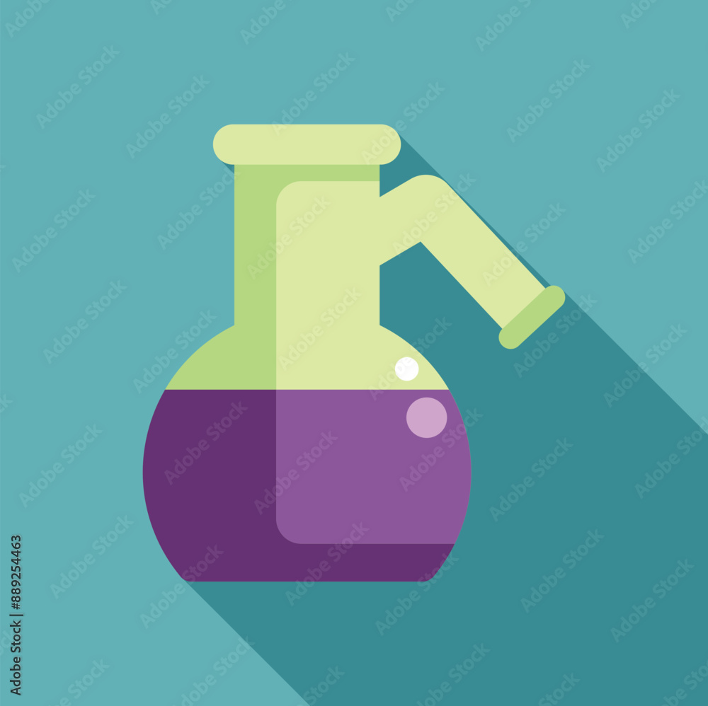 Poster round bottom flask containing purple liquid casting a shadow on a blue background