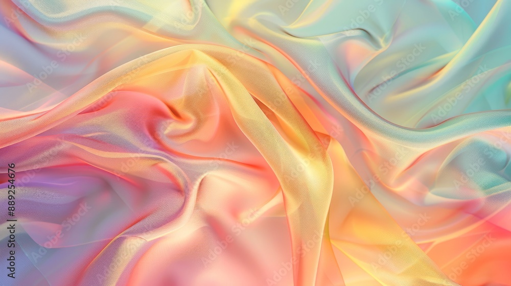 Poster iridescent folds of tulle fabric encircle a soft pastel background with gentle gradients and enchant