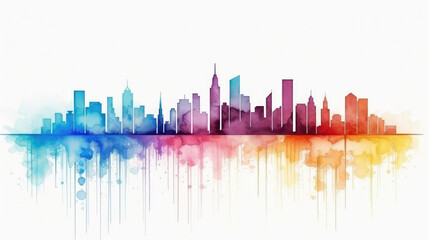 Fototapeta premium Vibrant Watercolor City Skyline Reflection Art
