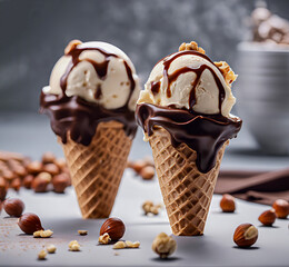 Closeup of hazelnut ice cream in cone, on dark table background  The character and all objects are fictitious, the image was created using the neural network Fooocus v2