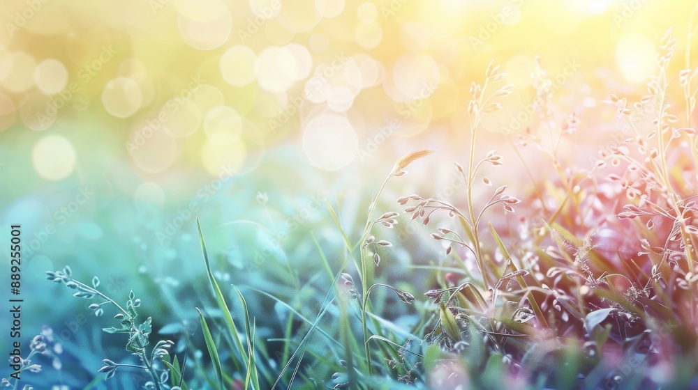 Aufkleber sunny spring meadow with grass and blue sky. abstract background with light bokeh and open space for