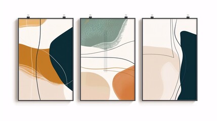 A set of three contemporary abstract art posters featuring a continuous minimalistic pattern, elegantly displayed on a white background for a modern and elegant look