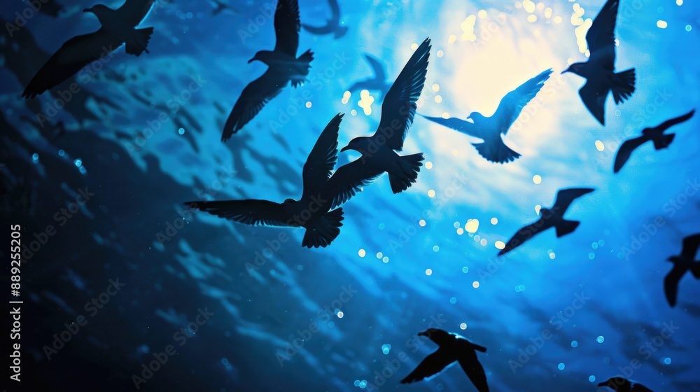 Wall mural A group of birds in flight over a lake or ocean, ideal for travel, nature, and outdoor themes