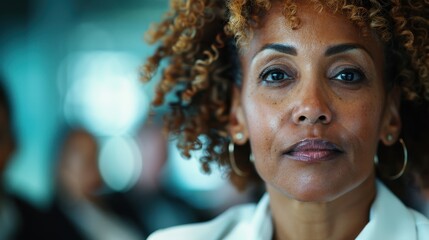 A confident woman wearing glasses is seen in a professional environment, her expression calm and composed among colleagues. The setting emphasizes professionalism and focus.