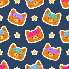 Seamless pattern with a red cat face wearing a sleep mask on a background of stars. Stylized cartoon drawing sticker of a cute cat face. Eye mask, sleep accessory. Vector illustration in flat style