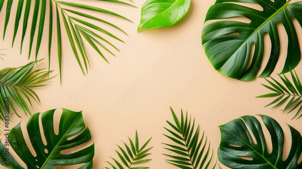 Poster a top view of palm leaves in a green pastel background with big empty spaces inside for product adve
